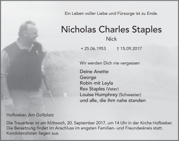 Traueranzeige von Nicholas Charles Staples 