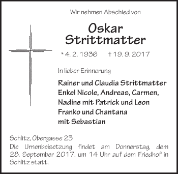 Traueranzeige von Oskar Strittmatter 