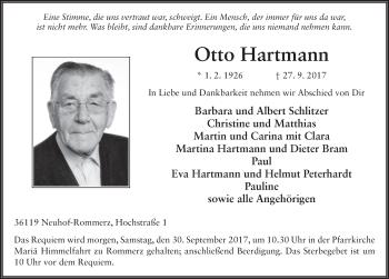Traueranzeige von Otto Hartmann 