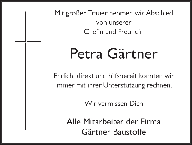  Traueranzeige für Petra Gärtner vom 19.09.2017 aus 