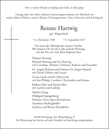 Traueranzeige von Renate Hartwig 