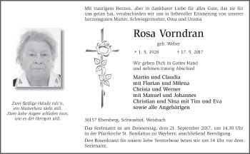 Traueranzeige von Rosa Vorndran 