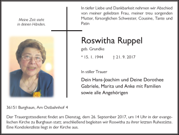 Traueranzeige von Roswitha Ruppel 