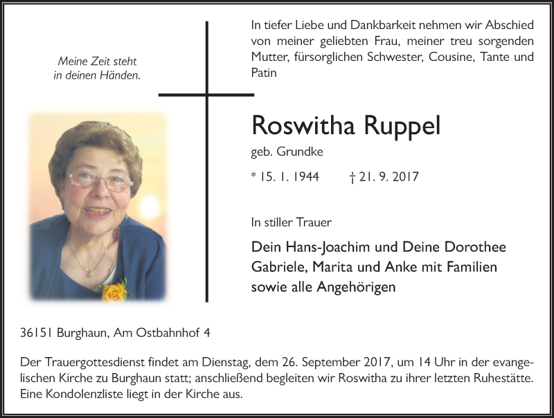  Traueranzeige für Roswitha Ruppel vom 23.09.2017 aus 