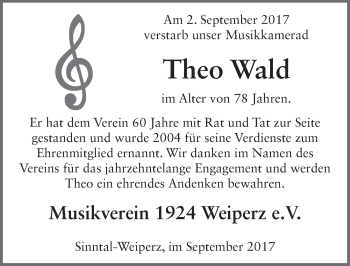 Traueranzeige von Theo Wald 
