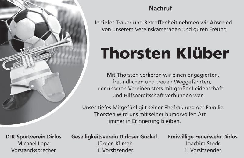  Traueranzeige für Thorsten Klüber vom 06.09.2017 aus 