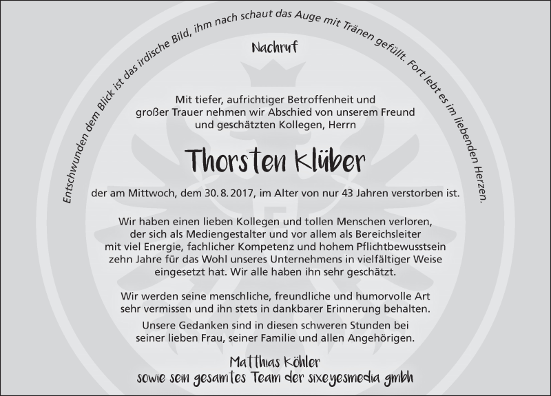  Traueranzeige für Thorsten Klüber vom 06.09.2017 aus 