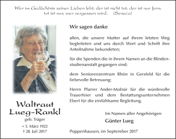 Traueranzeige von Waltraut Lueg-Rankl 