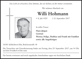 Traueranzeige von Willi Hohmann 
