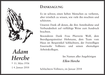 Traueranzeige von Adam Hartmann 