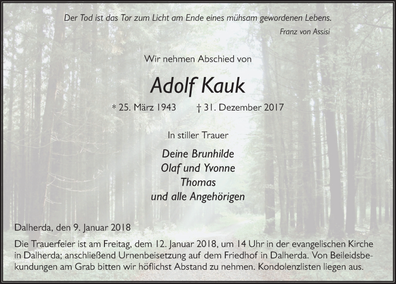  Traueranzeige für Adolf Kauk vom 09.01.2018 aus 