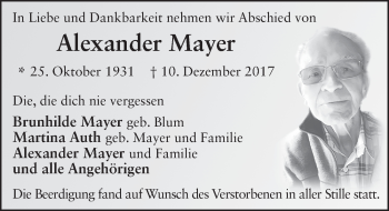 Traueranzeige von Alexander Mayer 
