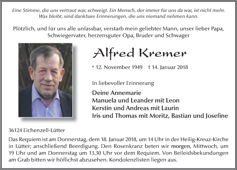  Traueranzeige für Alfred Kremer vom 16.01.2018 aus 