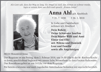 Traueranzeige von Anna Ahl 