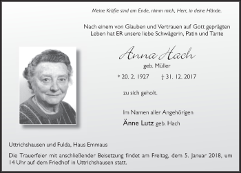 Traueranzeige von Anna Hach 