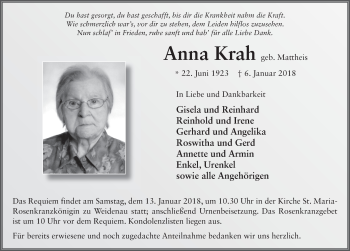 Traueranzeige von Anna Krah 
