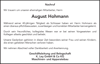 Traueranzeige von August Hohmann 