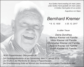 Traueranzeige von Bernhard Kremer 
