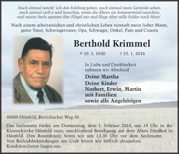 Traueranzeige von Berthold Krimmel 
