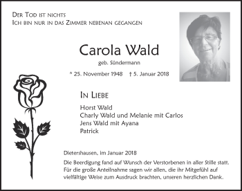 Traueranzeige von Carola Wald 