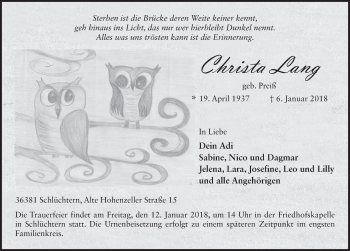 Traueranzeige von Christa Lang 