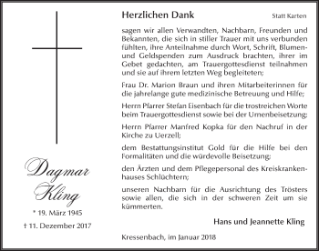 Traueranzeige von Dagmar Kling 