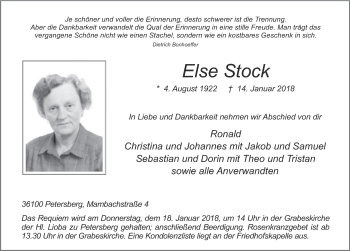 Traueranzeige von Else Stock 