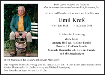 Traueranzeige von Emil Kreß 