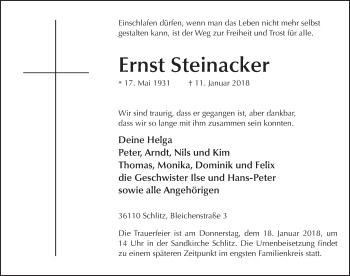 Traueranzeige von Ernst Steinacker 