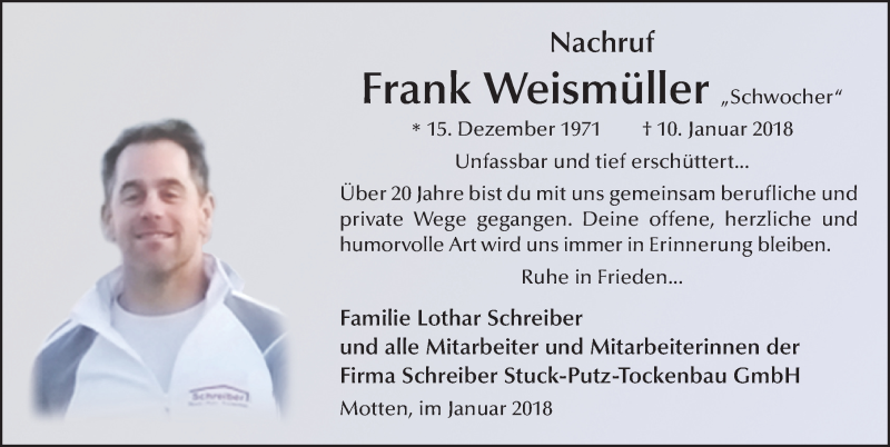  Traueranzeige für Frank Weismüller vom 16.01.2018 aus 
