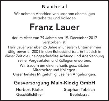 Traueranzeige von Franz Lauer 