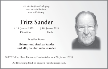 Traueranzeige von Fritz Sander 