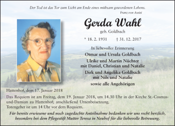 Traueranzeige von Gerda Wahl 