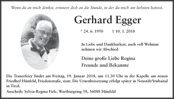 Traueranzeige von Gerhard Egger 