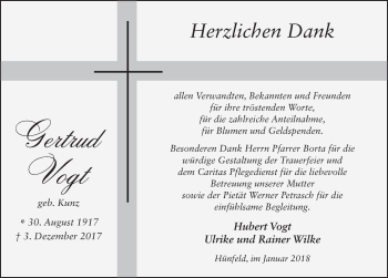 Traueranzeige von Gertrud Vogt 