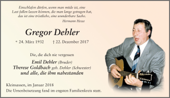Traueranzeige von Gregor Dehler 