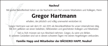 Traueranzeige von Gregor Hartmann 