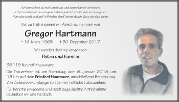 Traueranzeige von Gregor Hartmann 