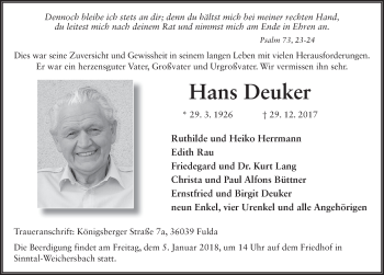 Traueranzeige von Hans Deuker 