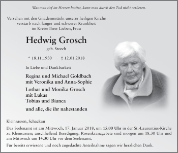 Traueranzeige von Hedwig Grosch 