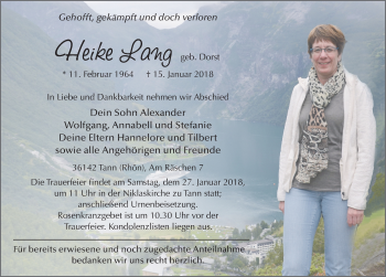 Traueranzeige von Heike Lang 