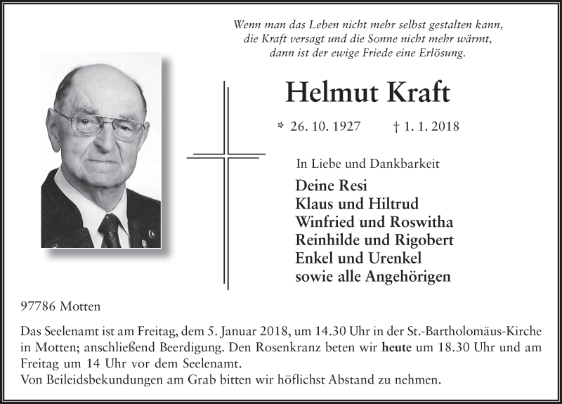  Traueranzeige für Helmut Kraft vom 04.01.2018 aus 