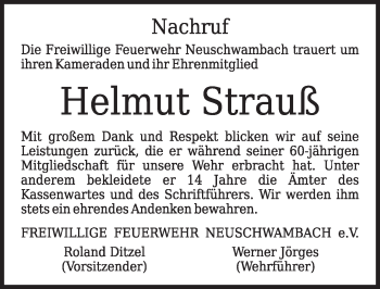 Traueranzeige von Helmut Strauß 