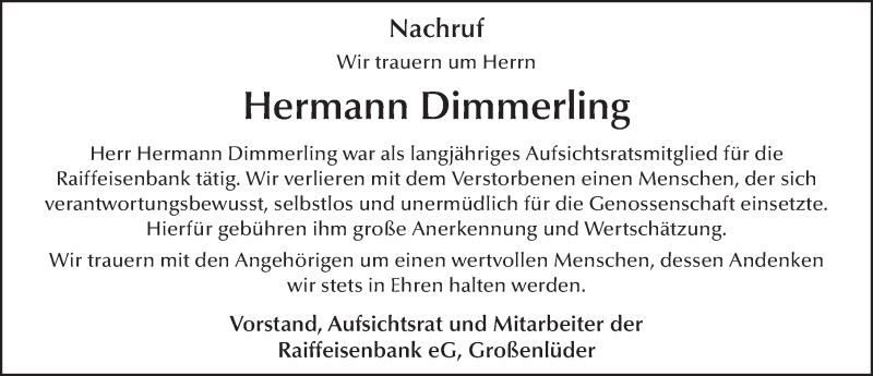 Traueranzeige für Hermann Dimmerling vom 04.01.2018 aus 