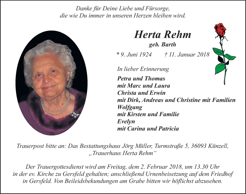  Traueranzeige für Herta Rehm vom 29.01.2018 aus 