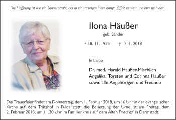 Traueranzeige von Ilona Häußer 