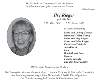 Traueranzeige von Ilse Rieger 