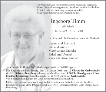 Traueranzeige von Ingeborg Timm 