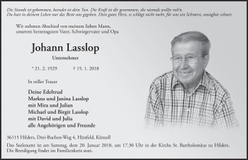 Traueranzeige von Johann Lasslop 