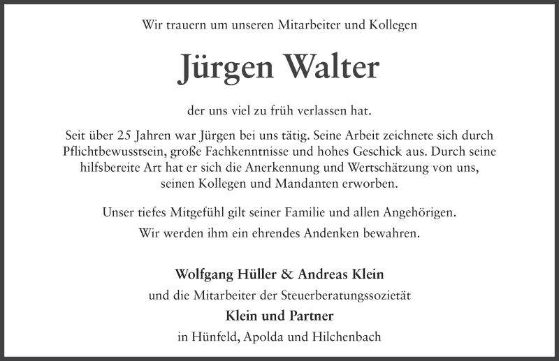  Traueranzeige für Jürgen Walter vom 24.01.2018 aus 